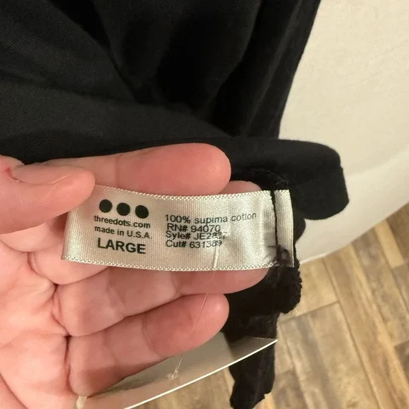 Three Dots Black Boat Neck Long Sleeve Supima Cotton T Shirt Made in USA Size L - Picture 6 of 8